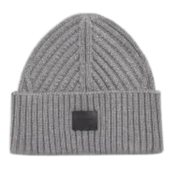 ALLSAINTS Beanie Traveling Rib Cuff Patch Hat Grey Marl Unisex - Picture 2 of 4